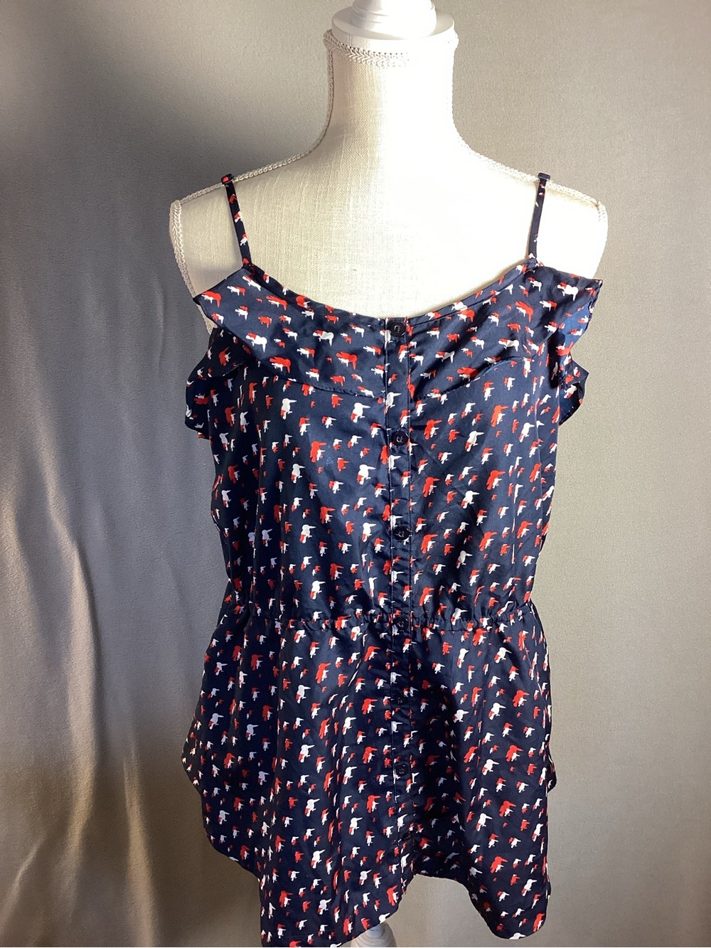 Mango Navy Blue Spaghetti Strap Ruffle Tank Sz XL Red & White Bird Print Flaw